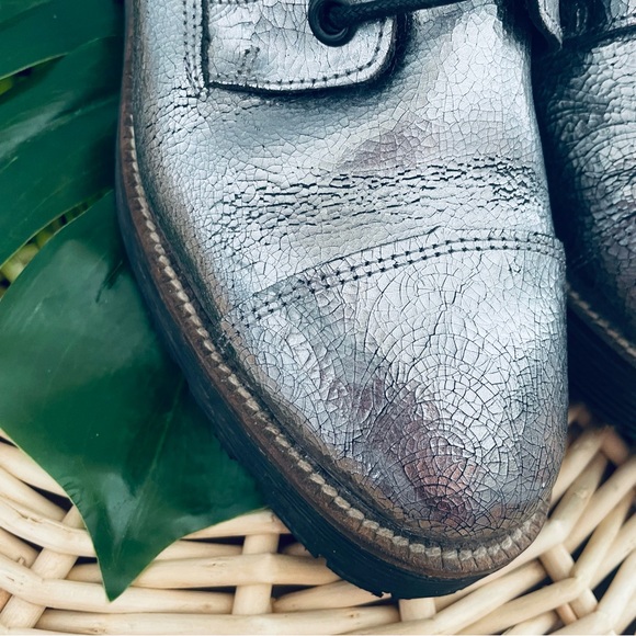 Shellys London Tyra Silver Metallic Crinkled leather Combat Boots Buckle Size 36 - Picture 9 of 16